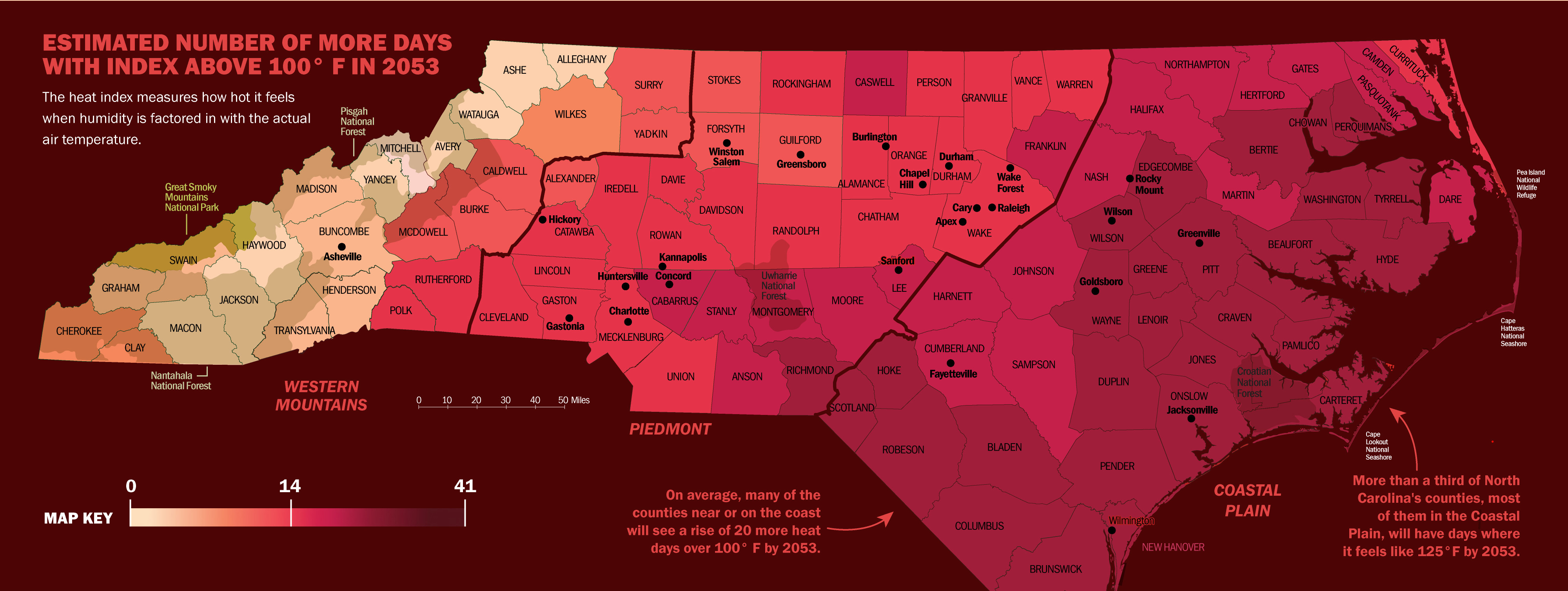 Estimated number of more days with heat index above 100 degrees Fahrenheit in 2053, shown on a map of North Carolina.