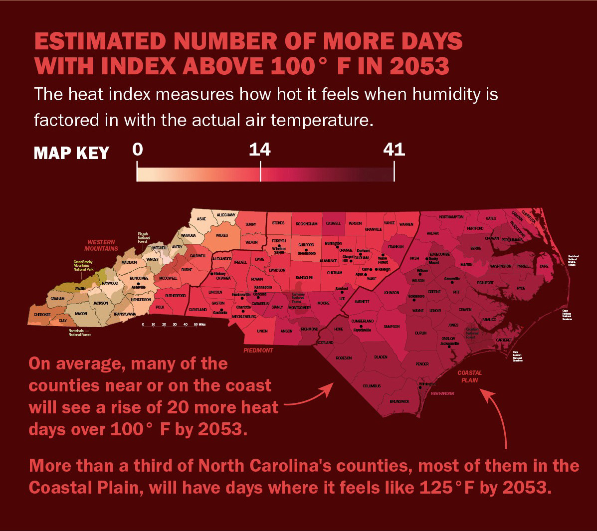 Estimated number of more days with heat index above 100 degrees Fahrenheit in 2053, on a map of North Carolina.