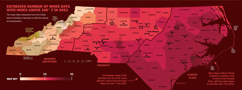 Estimated number of more days with heat index above 100 degrees Fahrenheit in 2053, shown on a map of North Carolina.